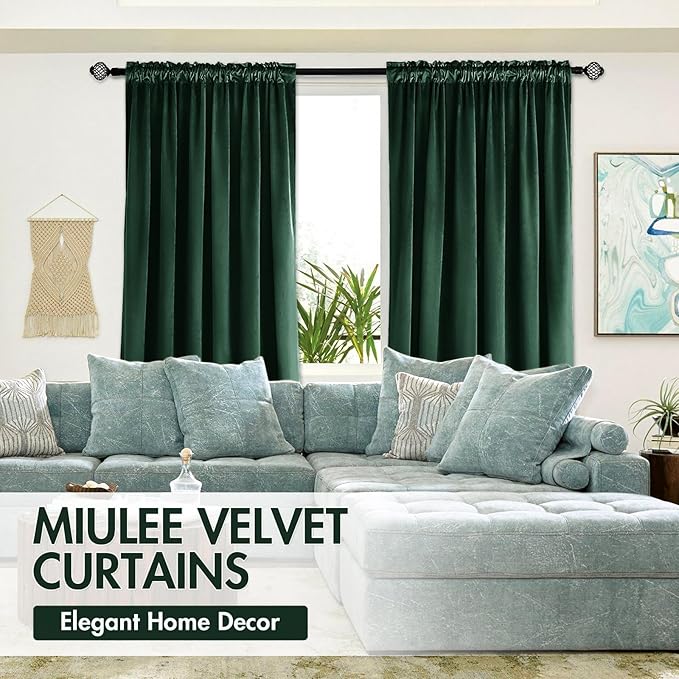MIULEE Christmas Emerald Green Velvet Curtains Thermal Insulated Blackout Curtain Drapes for Bedroom Living Room Darkening 84 Inches Long Curtains Panels Rod Pocket Set of 2