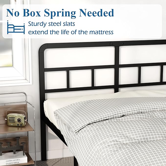18 Inch Queen Bed Frame with Headboard No Box Spring Needed, Heavy Duty Metal Queen Size Platform with Steel Slat, Mattress Foundation, Easy Assembly, Noise Free, Black