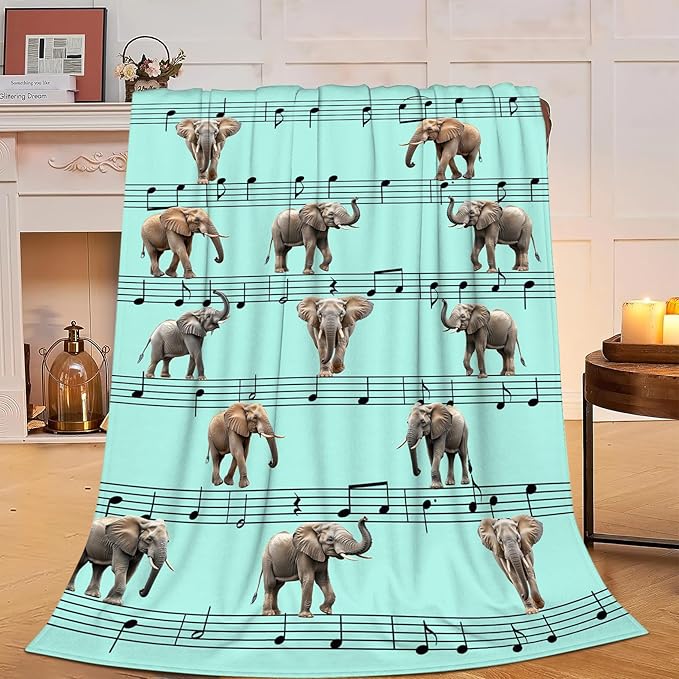 Elephant Blanket Musical Notes Decor Throw Blanket Super Soft Flannel Lightweight Fluffy Plush Fuzzy Fleece Blanket Gifts for Girl Woman Boys Kids Adults Man for Bed Sofa 40"X50"