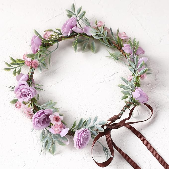 Purple Flower Crown - Traditional Round Rose Headband Elegant Headpiece Purple Flowers And Green Leaves Accessories Renaissance Festival Birthday Party Headband Wedding Shoot