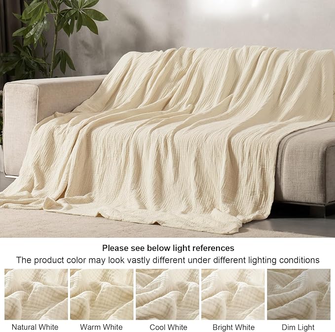 PHF 100% Cotton Muslin Throw XL Blanket Large 50" x 70", 4-Layer Lightweight Gauze Throw, Breathable Cloud-Soft Minimalist Blanket for Bed, Couch, Camping & Baby, Beige/Short Bread, Ideal Gift