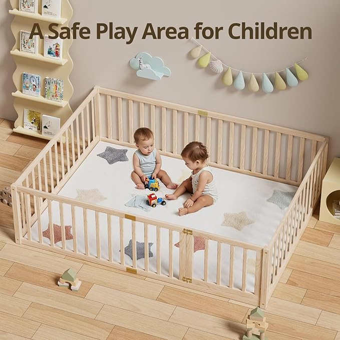 LLS Queen Size Floor Bed with 21.6" High Fence for Kids Boys Girls, Solid Wood Multifunctional Montessori Bed Frame with Door, Without Slats, Natural