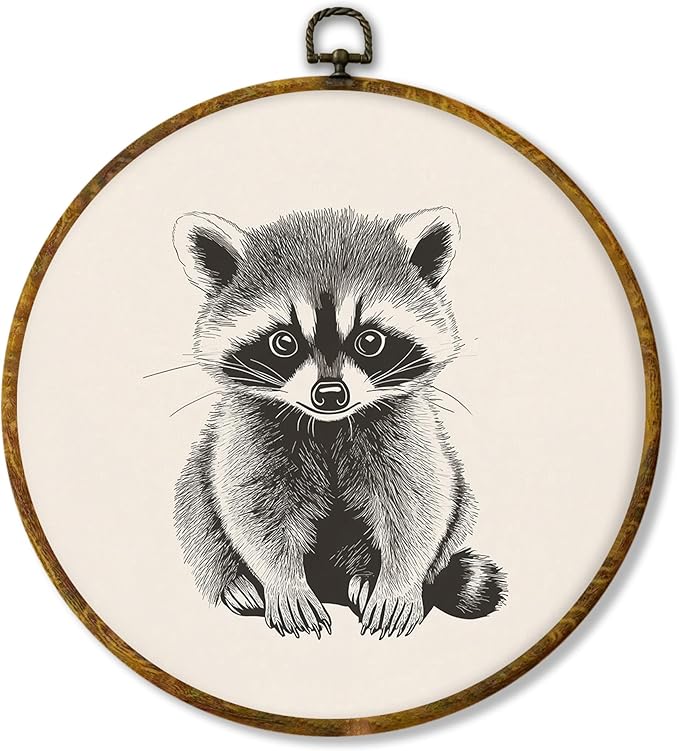 Hiuwevt Vintage Raccoon Round Wall Art Decor, Cute Neutral Racoon Framed Canvas Prints, Trash Panda Wildlife Animal Round Wall Hanging Decor for Home Nursery Kids Bedroom Decorations, 10x10 Inches