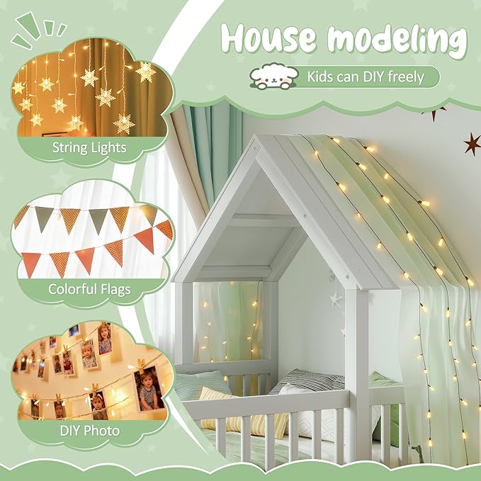 Harper & Bright Designs Twin Size House Shaped Double Floor Bed with Door and Full-Length Guardrails, Solid Wood Kids Montessori Floor Bed for Girls Boys, Multi-Function, White