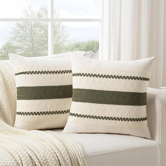 Fancy Homi Set of 2 Boho Olive Green Decorative Throw Pillow Cover 16x16 Inch for Couch Bed Sofa, Aesthetic Modern Organic Farmhouse Home Decor, Soft Cotton Cute Accent Macrame Woven Cushion Case