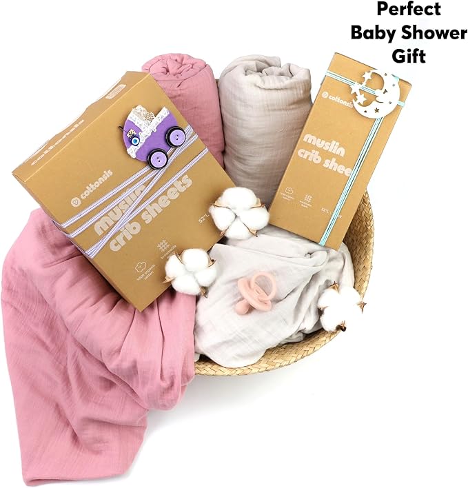 Muslin Baby Crib Sheets Fitted - Crib Sheets Neutral Turkish Cotton, Ultra Soft & Breathable - Organic Cotton Crib Sheets for Boys & Girls, GOTS & Oeko-TEX® Certified (52x28, Cotton Latte)