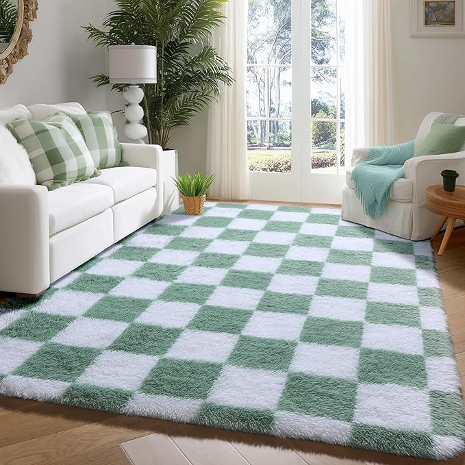 KICMOR 4x6 Rug for Bedroom Living Room, Fluffy Sage Green and White Checkered Area Rugs, Fuzzy Shag Shaggy Floor Carpet Soft Plush Checkerboard Rug for Children Kids Boys Room, Nursery, Classroom