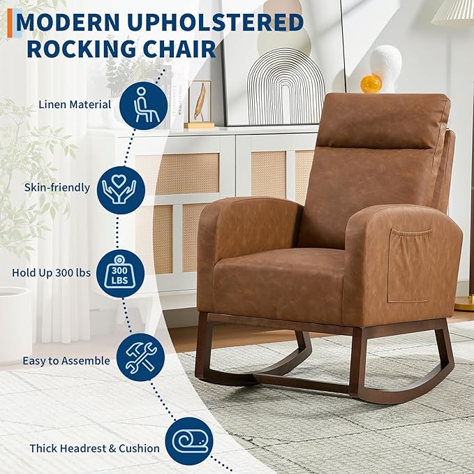 Rocking Chair Nursery, Modern Upholstered Glider Rocker with Side Pocket, Upholstered Lounge Chair with Solid Wood Base for Relaxin, for Living Room, Bedroom