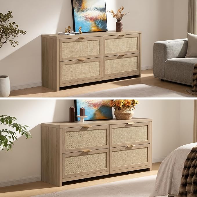 SICOTAS Large Dresser for Bedroom Set 2, Rattan Dressers with 4 Deep Drawers, Long Chest of Drawers for Closet, Farmhouse TV Stand(Reclaimed Light Oak, 4 Drawers (2 pcs))