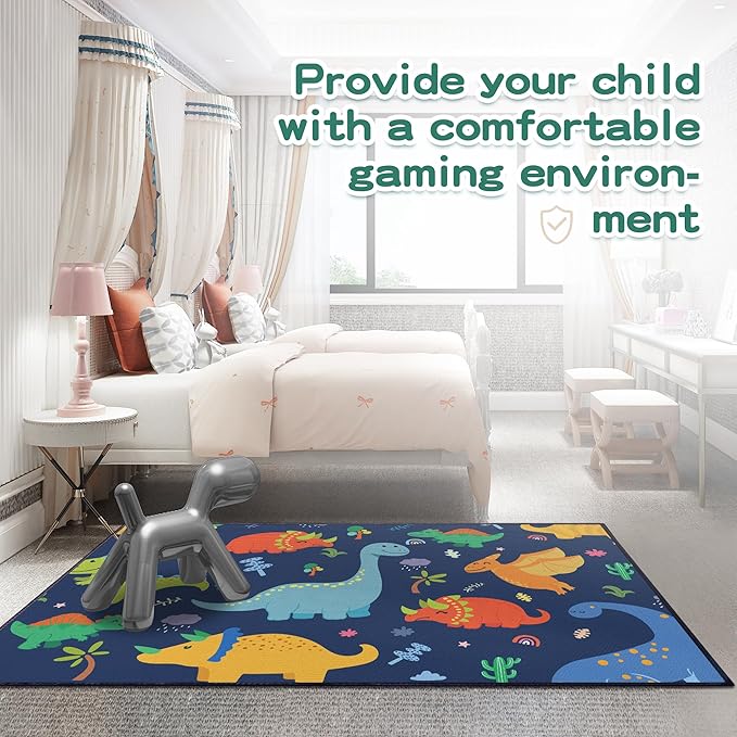 Cute Cartoon Dinosaur Rug for Bedroom 59"x39" Bedroom Playroom Decor for Kids Lovely Dinosaur Animal Pattern Carpet Blue Rug Non-Slip Washable