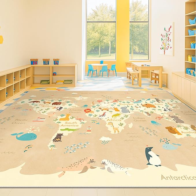 Large Kids Area Rugs with Animal - 8x10 Beige Rug for Kids Room, Classroom, Bedroom, Living Room, Washable Wipeable Ultra Soft Crawling World Map Carpet with Ocean, Continents & Cute Animals