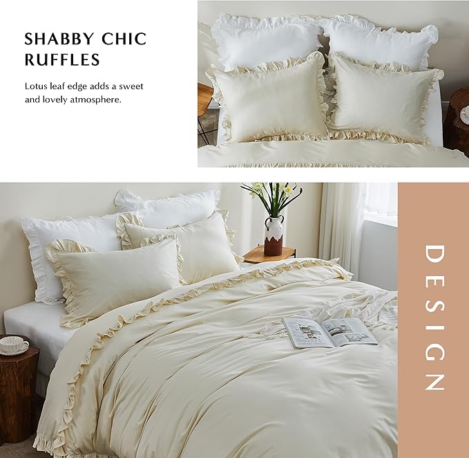 Simple&Opulence Kids 100% Organic Cotton King Duvet Cover Ruffle 3Pcs(1 Comforter Cover 2 Pillowcases) Cute Lace Vintage Boho Shabby Chic Farmhouse Bedding Set Teen Girls(Beige, King)