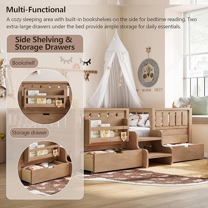 Bellemave Full Size Bed with Slats and Stairs, Full Size Platform Bed Frame with Fence, Bookshelf and Storage Drawers, Easy Assemble Beds for Kids, Girls, Boys, Natural