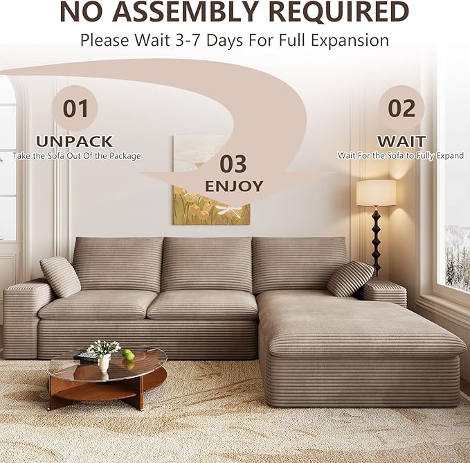 Cloud Sectional Couch,107 Inch Modular Sectional Sofa with Deep Seat, Modern Corduroy Boneless Couches with L-Shape Chaise for Living Room Bedroom, No Assembly Required (Camel, Right Facing Chaise)