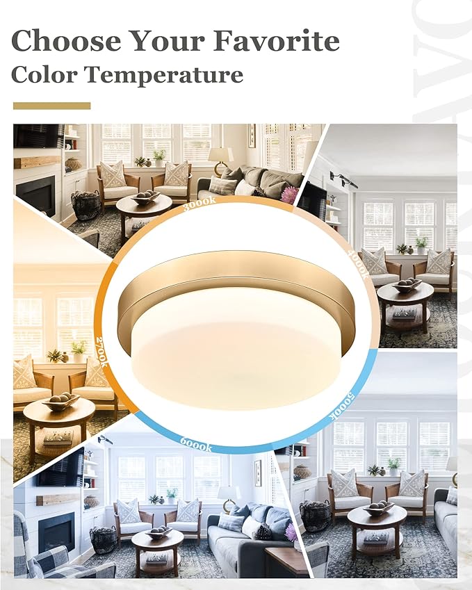 Gold Flush Mount Ceiling Light, 13inch Close to Ceiling Light Fixtures 24W 2200lm Dimmable 2700K/3000K/4000K/5000K/6000K Brass LED Ceiling Lamp for Bedroom Hallway Kitchen, AD-22008-L-GD
