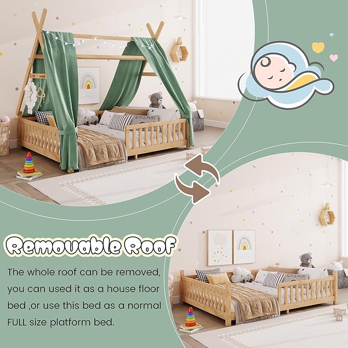 Montessori Bed Full Size with Light and Slats, Wood Teepee Floor Bed for Kids Boys Girls,House Bed Frame with Rails & Roof,No Box Spring Needed, Natural