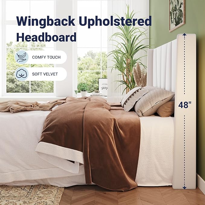 Allewie King Size Platform Velvet Bed Frame with Geometric Wingback Headboard, Boho Upholstered Bed with Wooden Slats Support, No Box Spring Needed, Easy Assembly, White