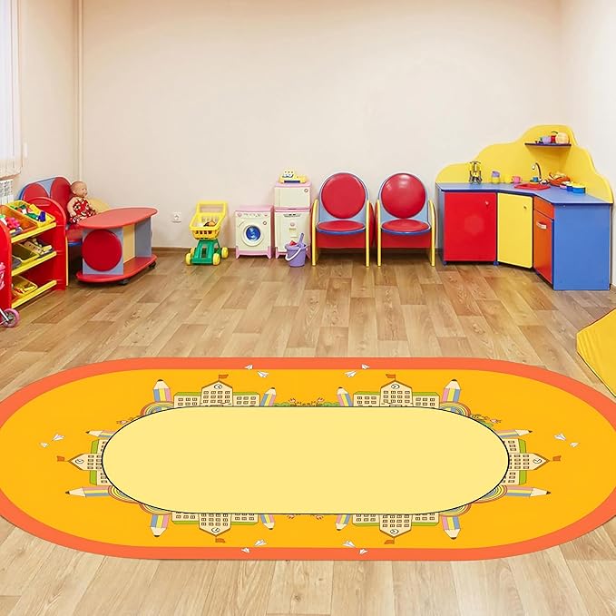 Educational Kids Rug 3x4ft Oval -Yellow Pencil School Theme Play Mat - Non-Slip Washable Learning Rug for Playroom, Bedroom, Nursery, Classroom Decor