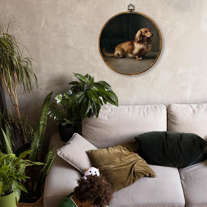 Hiuwevt Vintage Dachshund Round Wall Art Decor, Dachshund Doxie Gifts for Women Framed Canvas Prints, Rustic Weiner Dog Round Wall Hanging Decor for Home Bedroom Living Room Decorations, 10x10 Inches