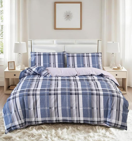 MAG 3pcs Gingham Duvet Cover Queen,Striped Duvet Cover Set,Modern Duvet Cover Set,Checkered Bedding Set,Geometric Plaid Duvet Cover,Super Soft Micrifiber (Blue, Queen)