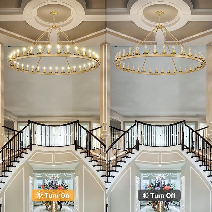 Wagon Wheel Chandelier, 36-Light Gold Large Round Modern Farmhouse Chandelier with Adjustable Height Island Light Fixture for High Ceiling Dining Room, Kitchen, Living Room, Entryways, Foyer