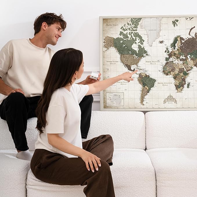 Canvas World Map with Cork Pin Board - English Lettering - Decorative Wall Decoration for All Rooms - Canvas Pictures with World Map Motif (120x80 cm, Pattern 24)