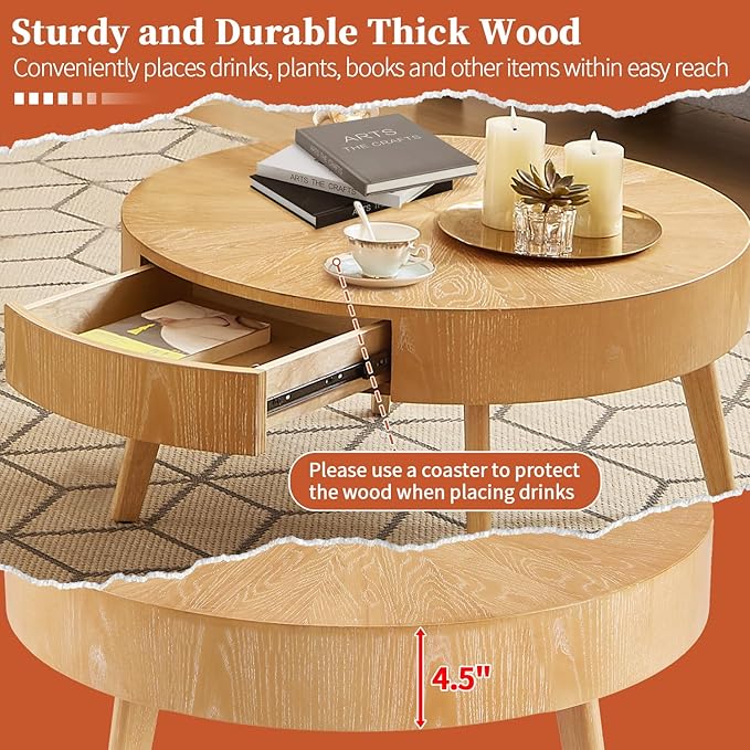 Round Wood Coffee Table for Living Room, Modern Farmhouse with Drawer, Solid Boho Circle Table with 4.5” Thick Tabletop, 31.5" L x 31.5" W x 15.87" H