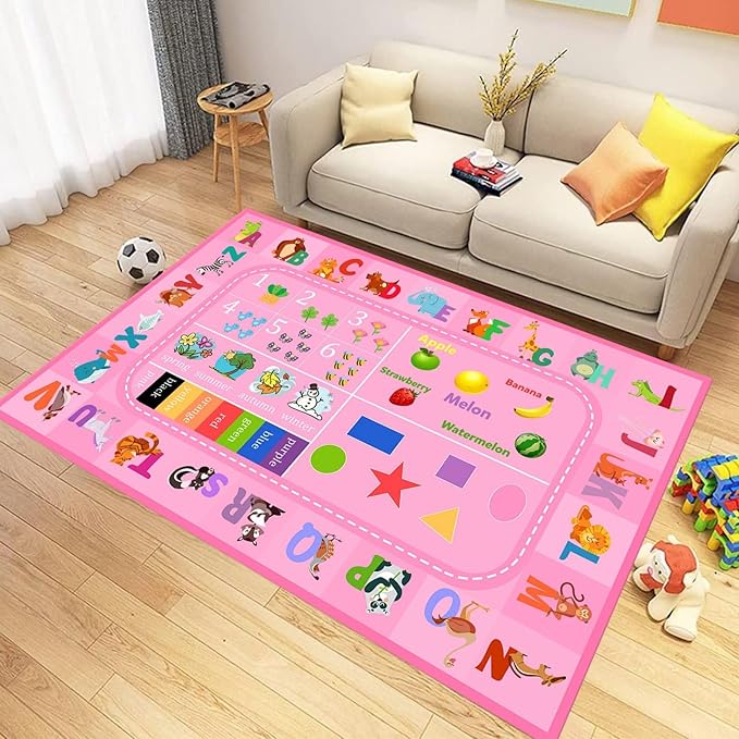 6x8ft Kids Rug for Playroom Alphabet, Numbers, Colors, Season and Animal Words Shape, Playmat Pink Rug for Toddlers Nursery Girls Room Thin Durable Washable Floor Mats
