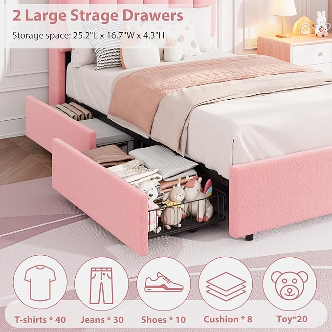 Garvee LED Twin XL Bed Frame with Storage Headboard, Kids Bed Frame with 2 Drawers, Boucle Upholstered Platform Bed for Girls, Chic Wavy Headboard with Bookcase, No Box Spring Needed, Pink