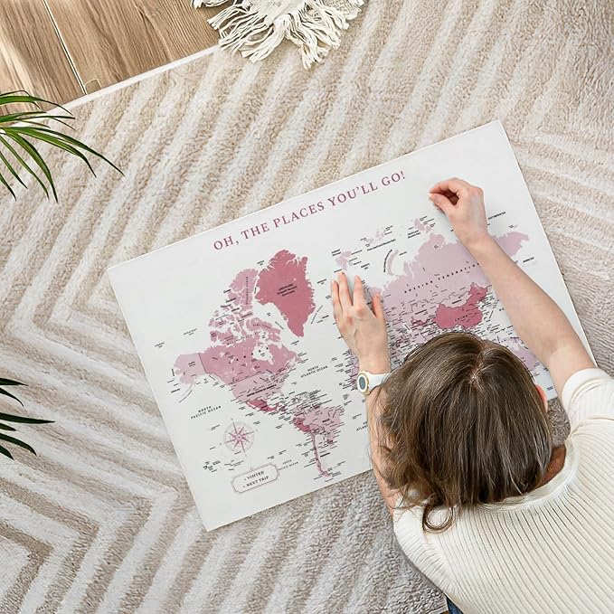 ElephantStock - Places You'll Go Push Pin World Map Wall Art - Horizontal Canvas Wall Art - Living Room Wall Decor - Digital Art Map Canvas Art - White And Pink Decor - 30" x 20"