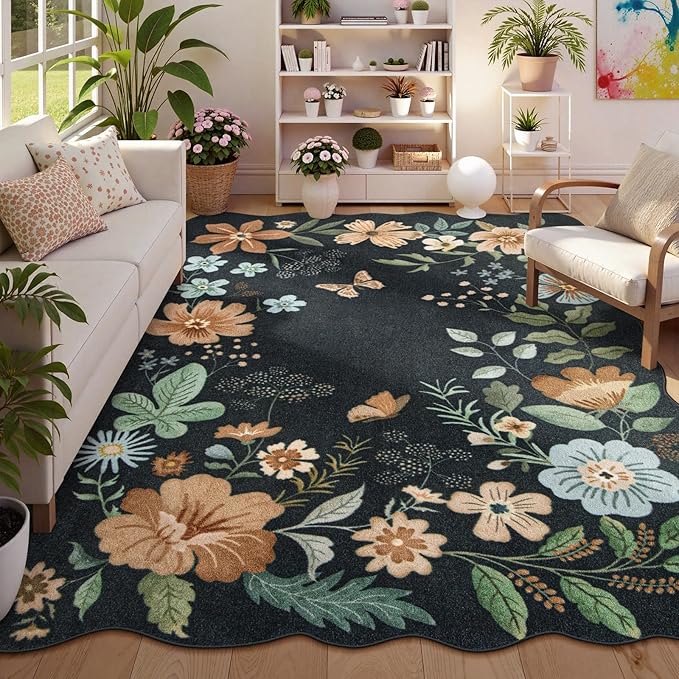Lahome Floral Washable Rugs 8x10, Soft Ultra-Thin 8x10 Rugs for Living Room Bedroom, Easy Clean Boho Non-Slip Accent Carpet for Dining Room Office(8x10ft,Black/Grey)