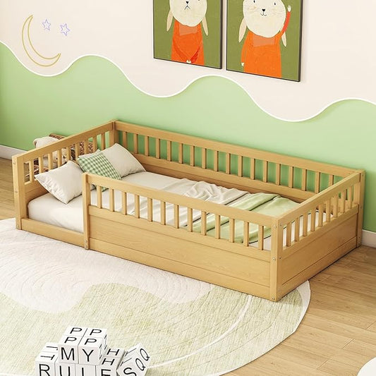 Bellemave Kids Montessori Floor Bed,Twin Size Floor Bed with High Fence and Door,Twin Bed Frame with Guardrails for Kids,Girls,Boys,Twin,Natural