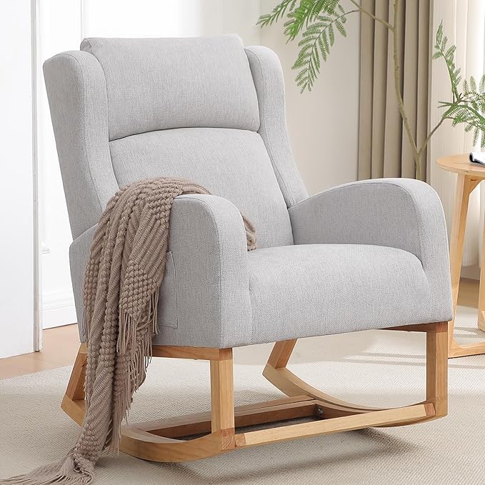 Rocking Chair Nursery, Nursing Rocking Chairs for Mom Nursery, Comfy Wingback Glider Rocking Armchair with Foot Rest and Side Pocket for Nursery Living Room Bedroom, Light Grey
