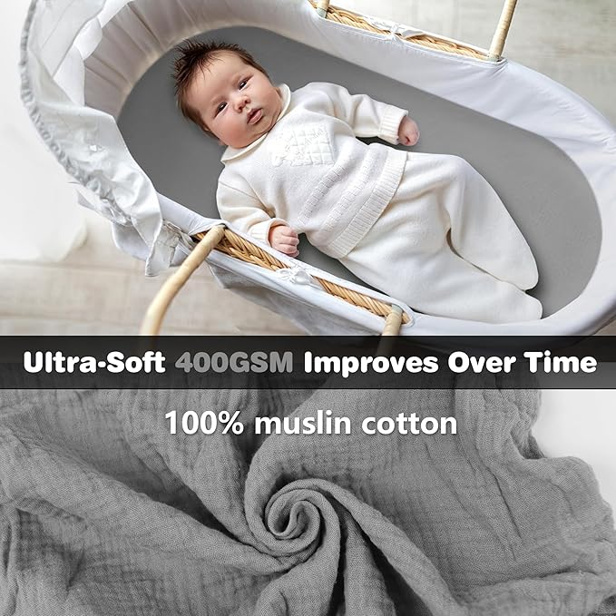 3-Pack Cotton Muslin Bassinet Sheets - Fitted Elastic Mattress Cover for Baby Boys & Girls, Breathable Bedside Bassinet Sheets Neutral Colors (Fits Oval & Rectangle Shape) (Gray)