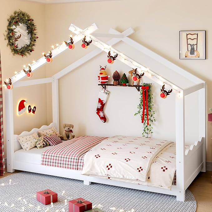 Twin Size Wooden House Floor Bed - Kids Bed Frame with Roof & Support Slats for Bedroom, No Box Spring Needed, Easy Assembly (White)