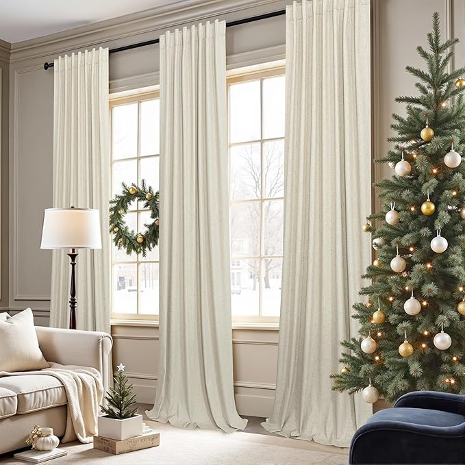 Linen Drapes for Living Room Darkening 100% Blackout Curtains 86 Inch Length 2 Panels Textured Black Out Thermal Insulated Rustic Farmhouse Country Window Curtain for Bedroom Back Tab 86 Long Beige