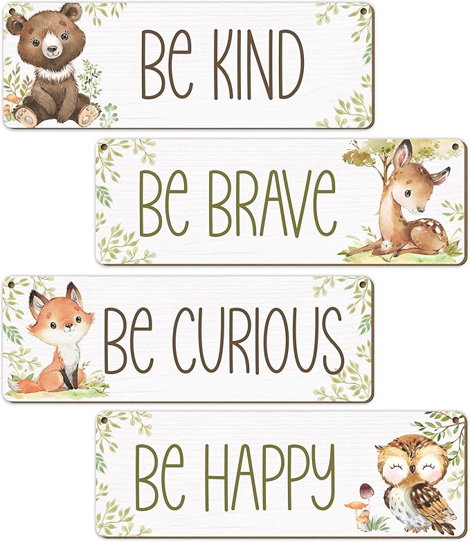 Woodland Nursery Decor, Jungle Safari Animals Boysroom Wall Sign Art, Be Kind Brave Curious Happy Decorations for Kids Boys, 4 Pieces Wood Sign, 3.9x11.8 In-A03