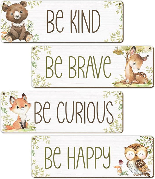 Woodland Nursery Decor, Jungle Safari Animals Boysroom Wall Sign Art, Be Kind Brave Curious Happy Decorations for Kids Boys, 4 Pieces Wood Sign, 3.9x11.8 In-A03