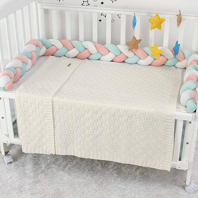 LAWKUL Knit Baby Blankets White Cable Newborn Babies Receiving Blanket Infant Boy Girl Soft Swaddle for Crib Stroller 40"x30"