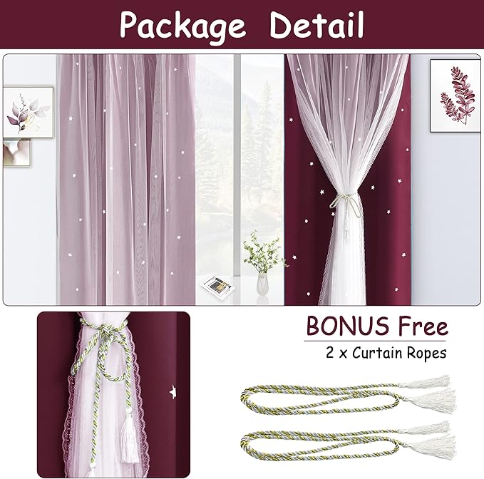 Kinryb Kids Blackout Curtains for Bedroom/Living Room/Classroom, Sheer Overlay 2 Free Tiebacks, Double Layer Curtains with Star Cutout for Kids Room(Each Piece W 70 x L 84 Inches 2 Pcs Red)