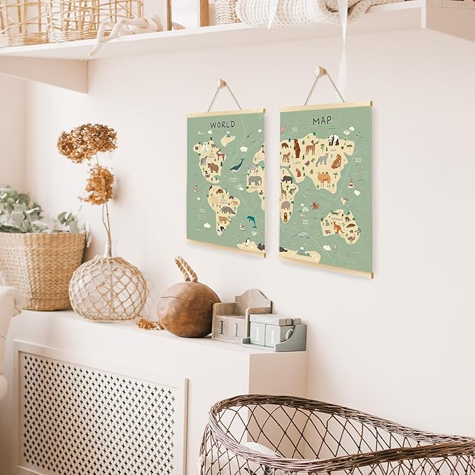 CGBHW World Map Poster Hanger Frame Set of 2, Cute Animal Educational Learning Tool Posters Wall Art Hanging Decor for Kids Room Nursery Classroom Home School Playroom Homeschool, 12x16