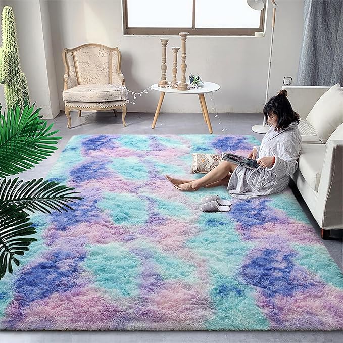 DweIke Fluffy Rainbow Rugs for Bedroom Living Room, 6x9 Large Soft Plush Shaggy Multicolor Blue Purple Girls Boys Kids Rug, Non-Slip and Machine Washable Carpet for Dorm Nursery Classroom Decor