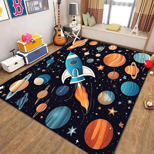 5x7ft Large Space Themed Area Rug - Cartoon Space Solar System Planets Area Rugs, Soft Non-Slip, Machine Washable Polyester Mats, Perfect for Kids Room, Playroom and Nursery, Space Room Decor
