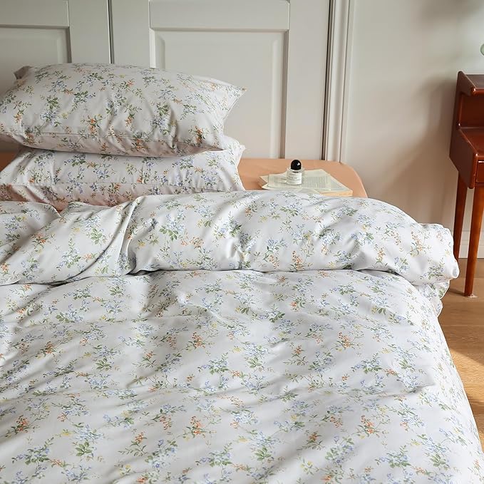 Vintage Style Garden Floral Duvet Cover Full 100% Cotton Aesthetic Floral Pattern Bedding Set Full Boho Flower Botanical Comforter Cover with 2 Pillowcases Cottagecore Bedding Cover for Girls Women