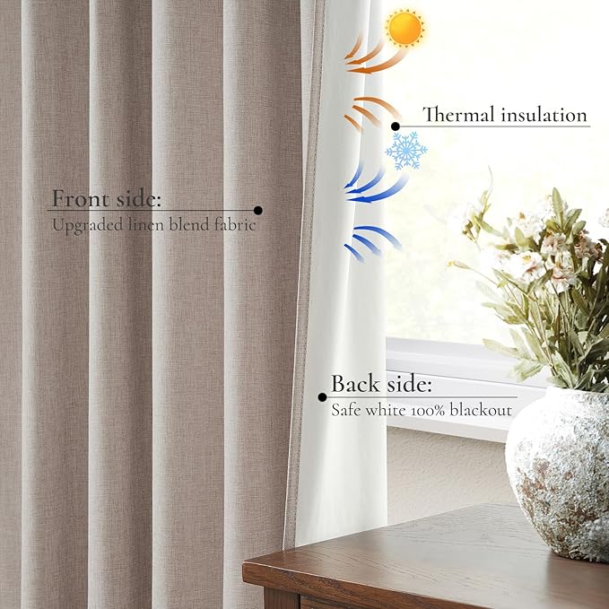 140 Inches Extra Wide Curtains (Each W70xL108x2) Linen Farmhouse Insulated Thermal Large Window Heavy Duty Draps for Summer Heat Patio Sliding Door 100 Percent Blackout Hook Belt(W70xL108x 2Panels)