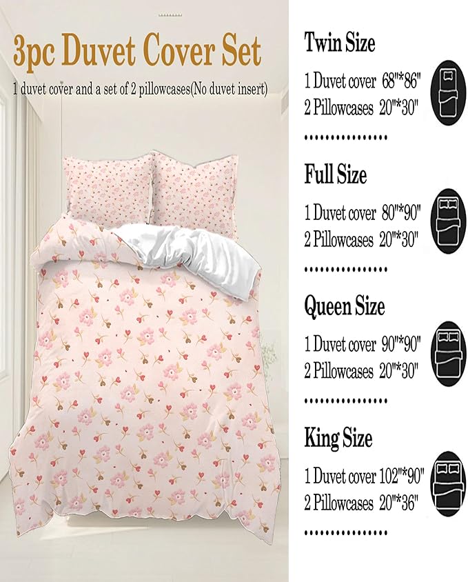 Pink and White Duvet Cover King Size - 3 Pcs Floral Flower Leaf Pattern Printed Reversible Microfiber Comforter Cover Bedding Set - 102X90 Soft Aesthetic Cottage Preppy Bedroom Decor for Women Girls