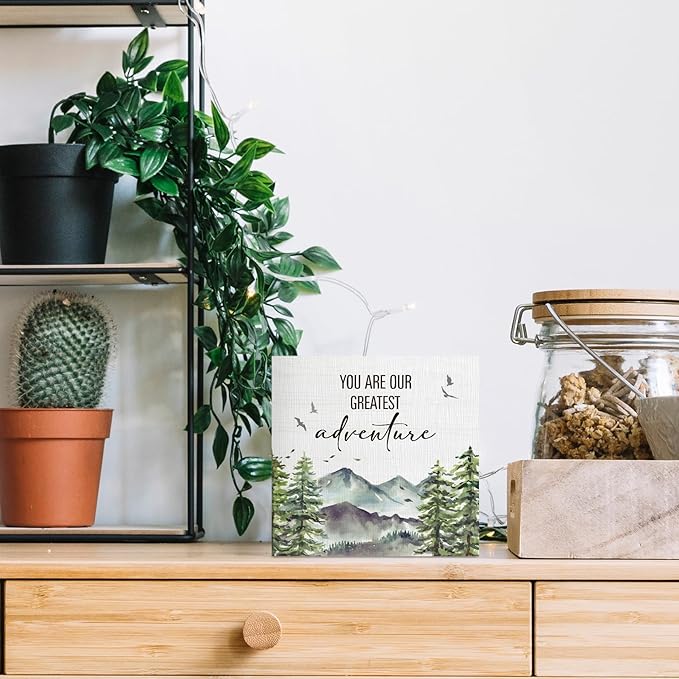 Woodland Nursery Wooden Box Sign, Inspirational Desk Decor, Forest Mountain You Are Our Greatest Adventure Wood Block Box Sign Plaque for Kids Baby Boys Room Nursery Wall Shelf Decor