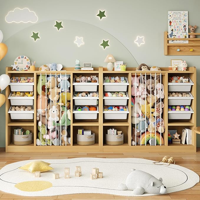 ONBRILL Toy Storage Organizer with 6 Removable Plastic Bins, Toddler Stuffed Animal Storage, Toy Box Cabinet with 2 Open Cubbies, Book Shelf for Kids Room Playroom Bedroom Nursery (Maple Wood)