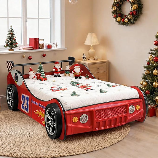 Race Car Twin Bed Frames for Kids, Wood Car-Shaped Bed Frame with LED Lights & Slat Support for Toddler, Boys or Girls (Race Car-Red)