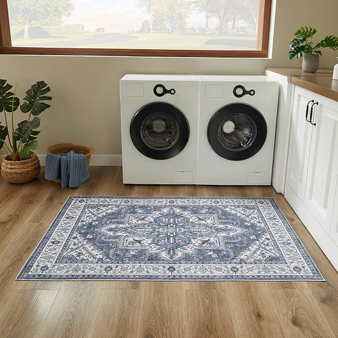WITSHOCK Living Room Area Rugs 4x6: Washable Rug Boho Soft Non-Slip Low Pile Stain Resistant Foldable Carpet for Bedroom Playroom Dining Room Office Kitchen Farmhouse Home Decor Rug-Blue